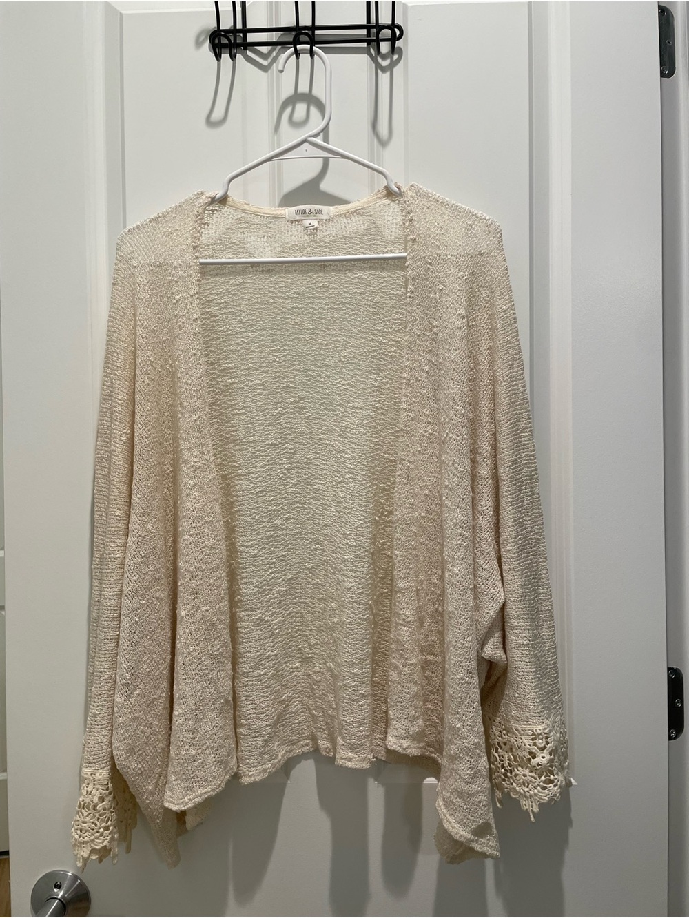 Taylor & Sage Cream Open-Front Crochet Cuff Cardigan